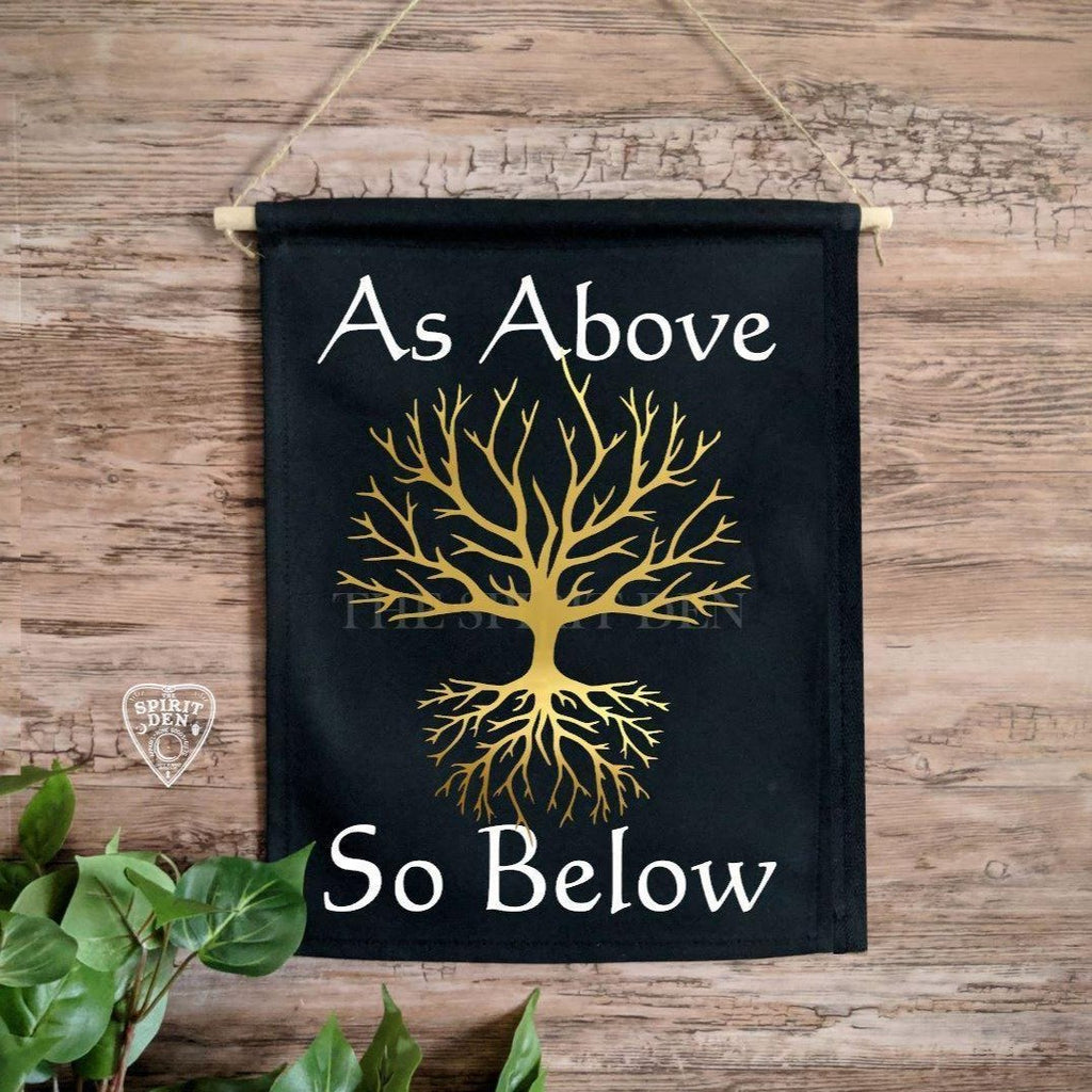 As Above So Below Tree Of Life Black Canvas Banner - The Spirit Den