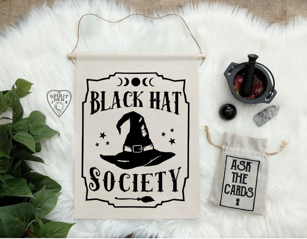 Black Hat Society Witch Hat Cotton Canvas Wall Banner - The Spirit Den