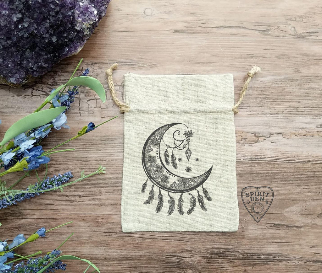 Crescent Moon Dream Catcher Cotton Linen Drawstring Bag - The Spirit Den