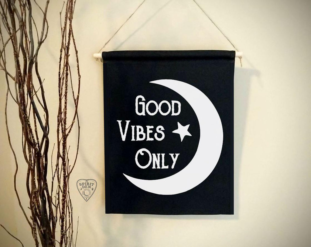 Good Vibes Only Moon Black Canvas Wall Banner - The Spirit Den