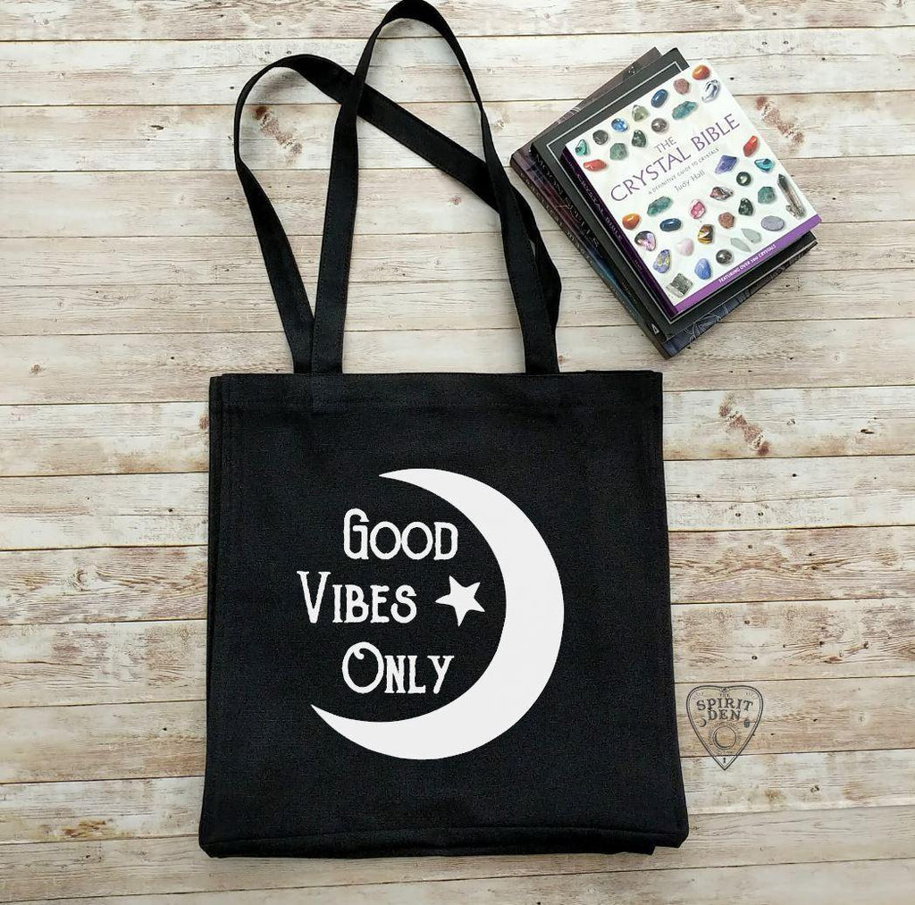 Good Vibes Only Moon Black Cotton Canvas Market Tote Bag - The Spirit Den
