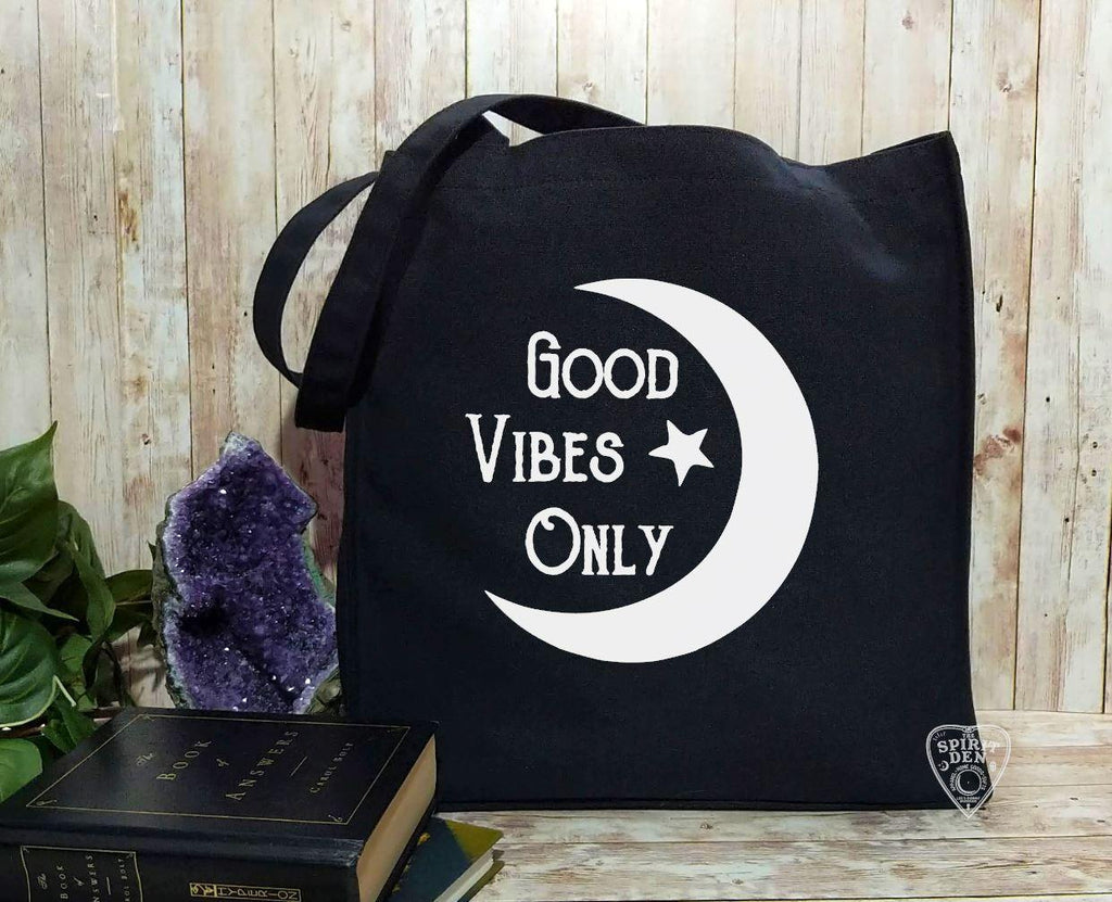 Good Vibes Only Moon Black Cotton Canvas Market Tote Bag - The Spirit Den