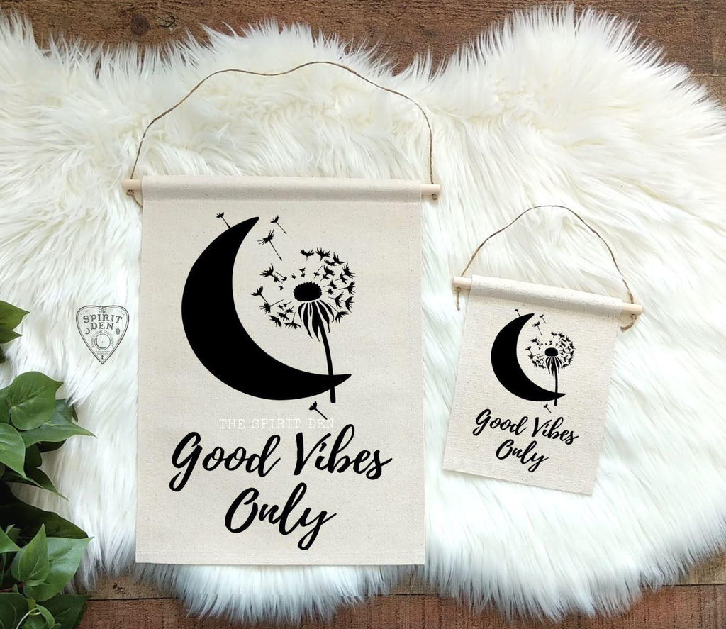 Good Vibes Only Moon Dandelion Cotton Canvas Wall Banner - The Spirit Den