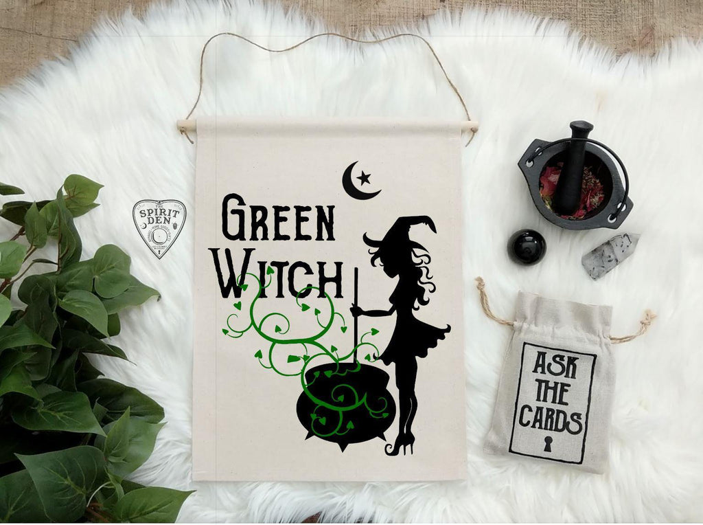 Green Witch Cotton Canvas Wall Banner - The Spirit Den
