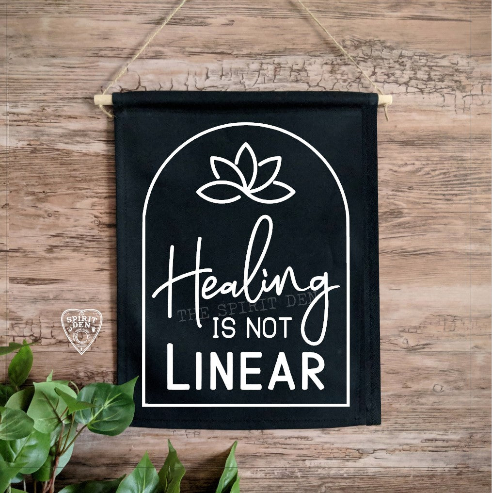 Healing Is Not Linear Black Canvas Wall Banner