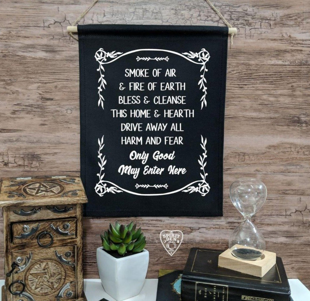 Home Blessing Only Good May Enter Here Black Cotton Canvas Wall Banner - The Spirit Den
