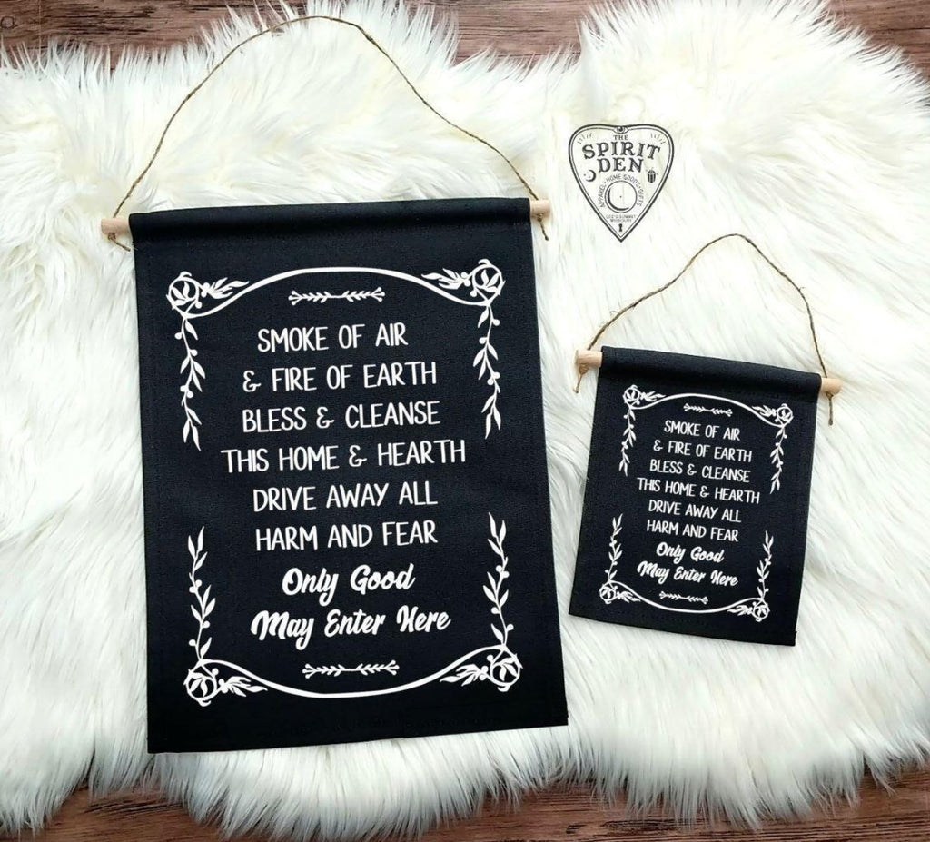 Home Blessing Only Good May Enter Here Black Cotton Canvas Wall Banner - The Spirit Den