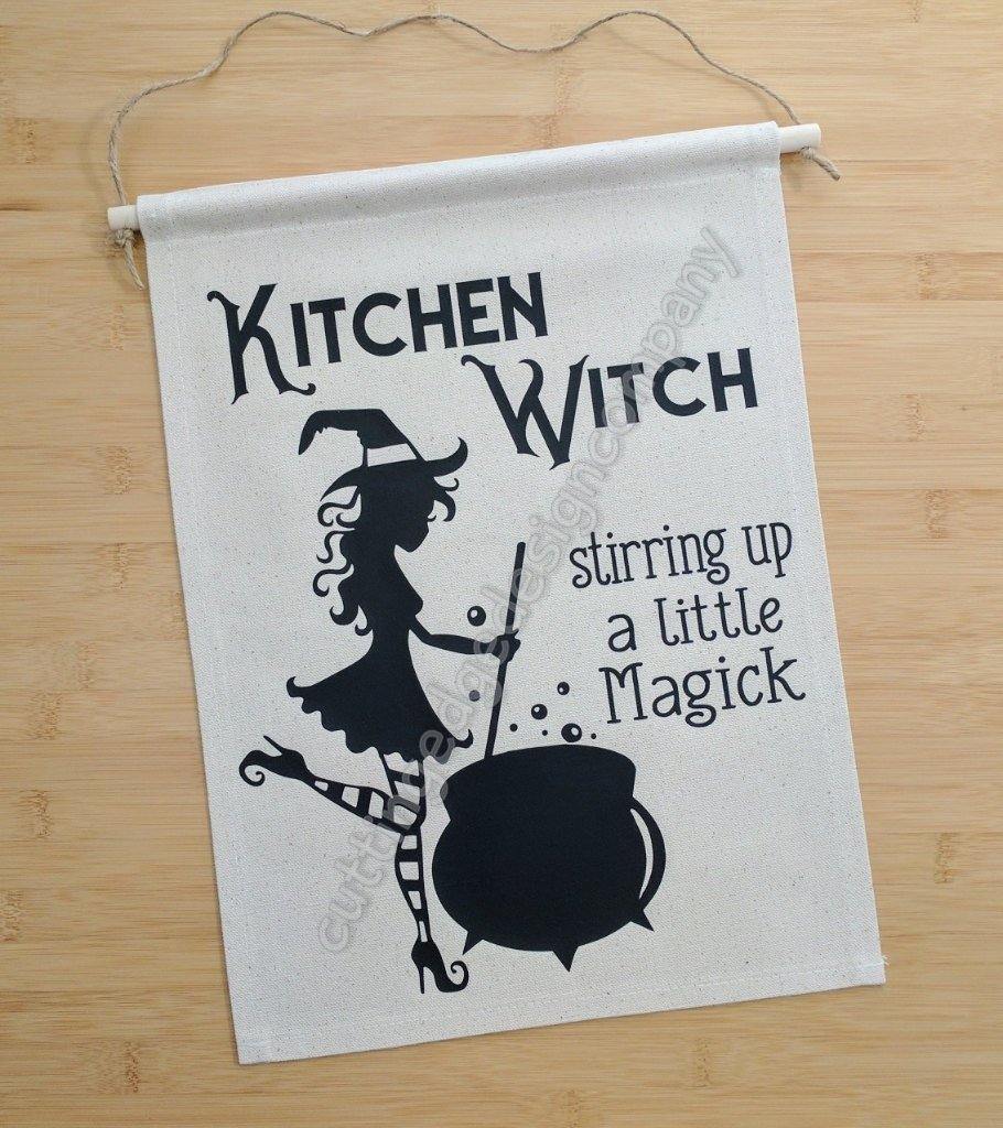 Kitchen Witch Stirring up a Little Magick Cotton Canvas Wall Banner 