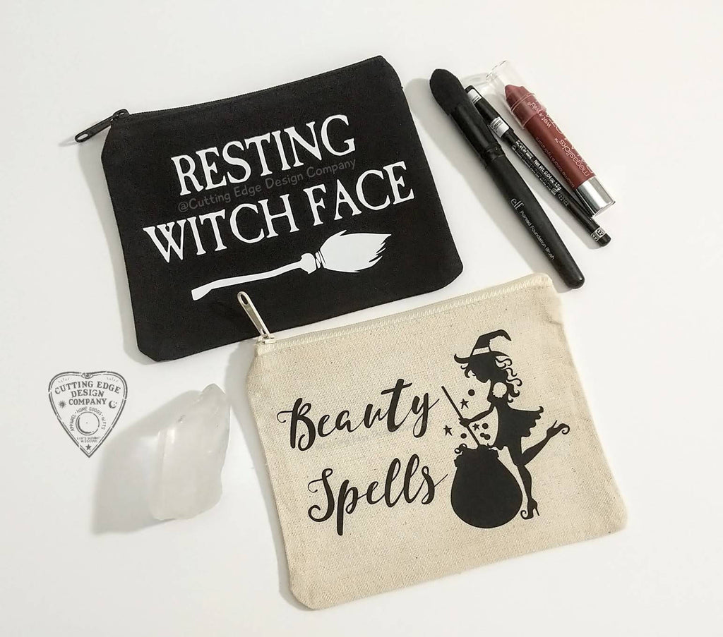 Resting Witch Face Broom Black Canvas Zipper Bag 