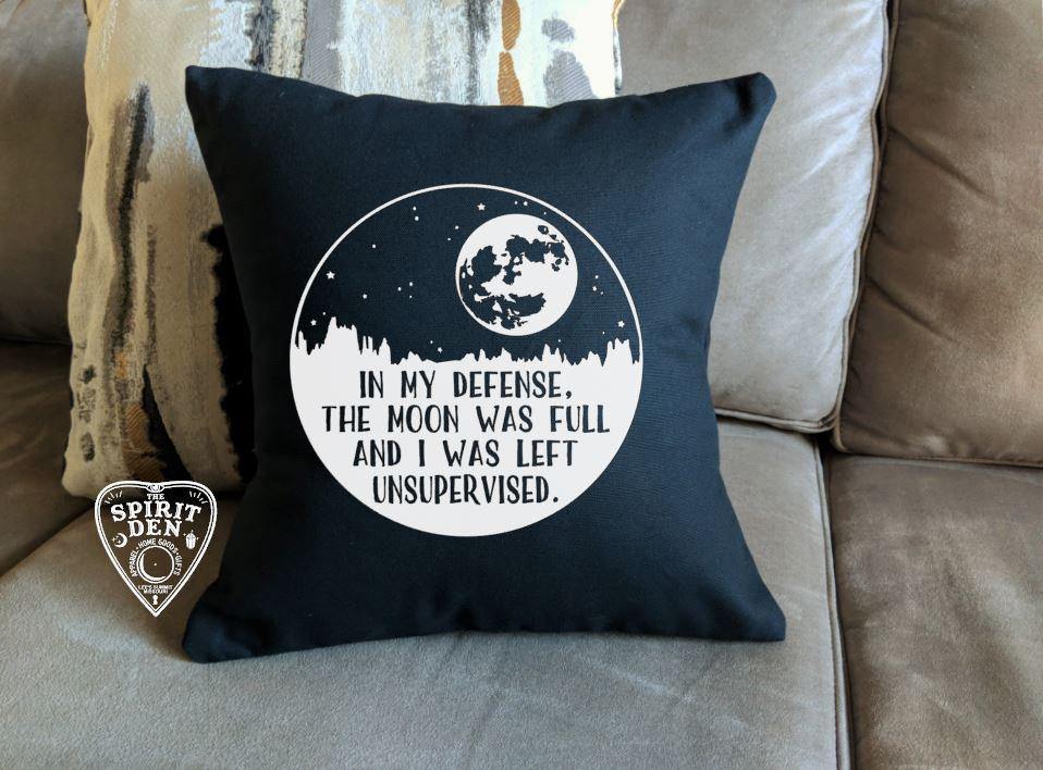 In My Defense Moon Black Cotton Pillow 