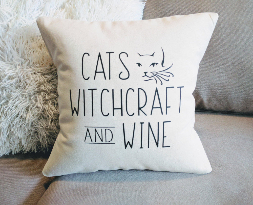Cats Witchcraft and Wine Cotton Canvas Natural Pillow 