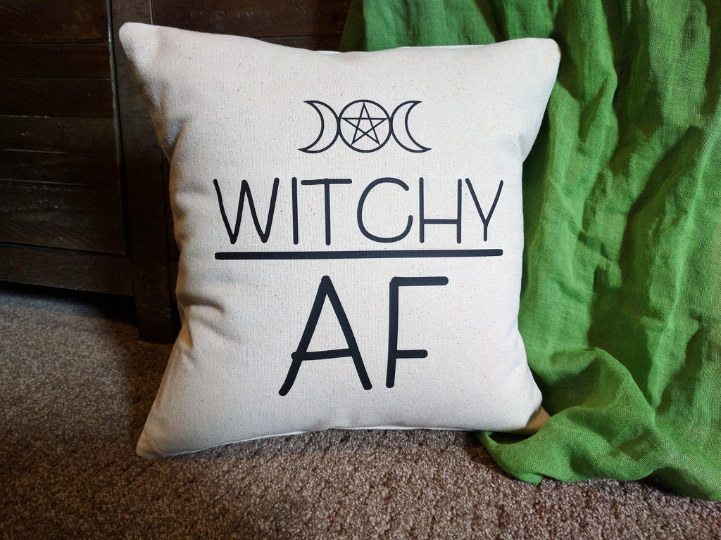 Witchy AF Pentagram Moon Cotton Canvas Natural Pillow 