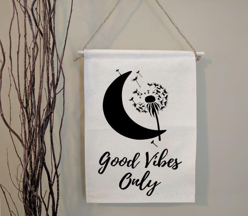 Good Vibes Only Moon Dandelion Cotton Canvas Wall Banner 