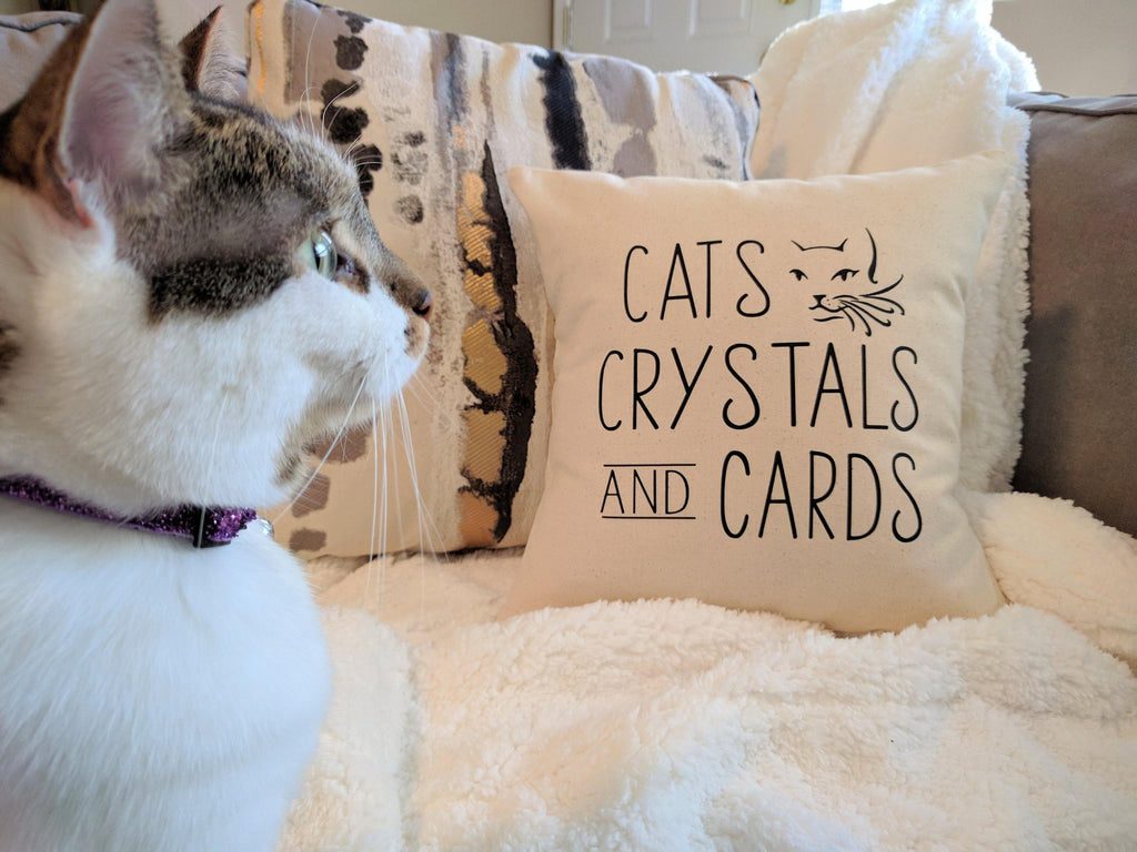 Cats Crystals and Cards Cotton Canvas Natural Pillow 