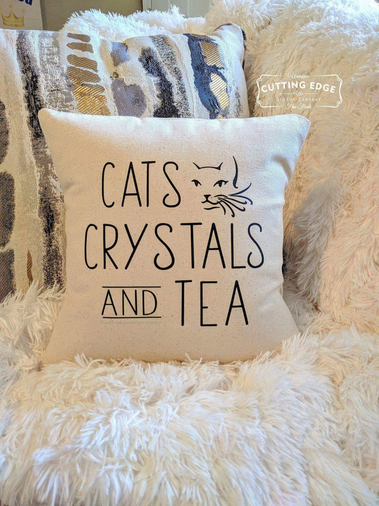 Cats Crystals and Tea Cotton Canvas Natural Pillow 