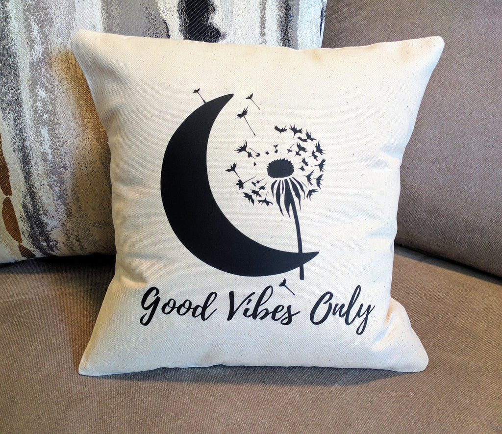 Good Vibes Only Moon Dandelion Cotton Canvas Natural Pillow 