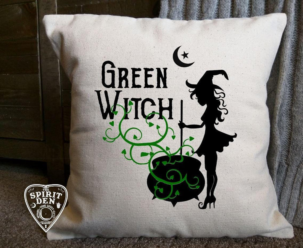 Green Witch Cotton Canvas Natural Pillow 