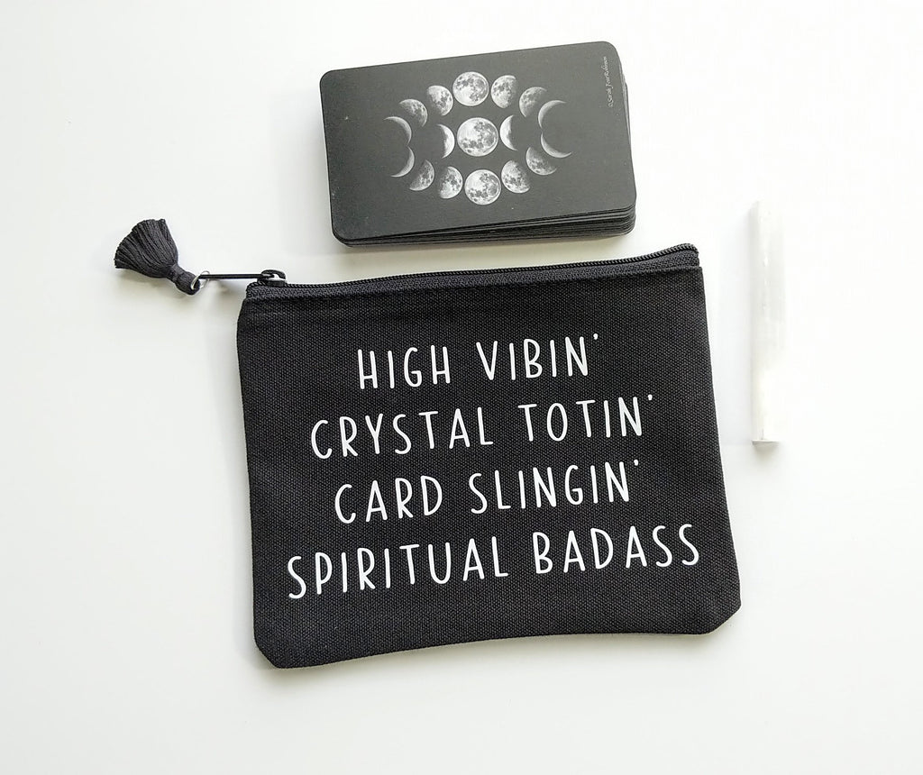 High Vibin Crystal Totin Card Slingin Spiritual Badass Black Canvas Zipper Bag 