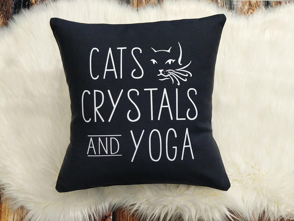 Cats Crystals Yoga Black Cotton Pillow 