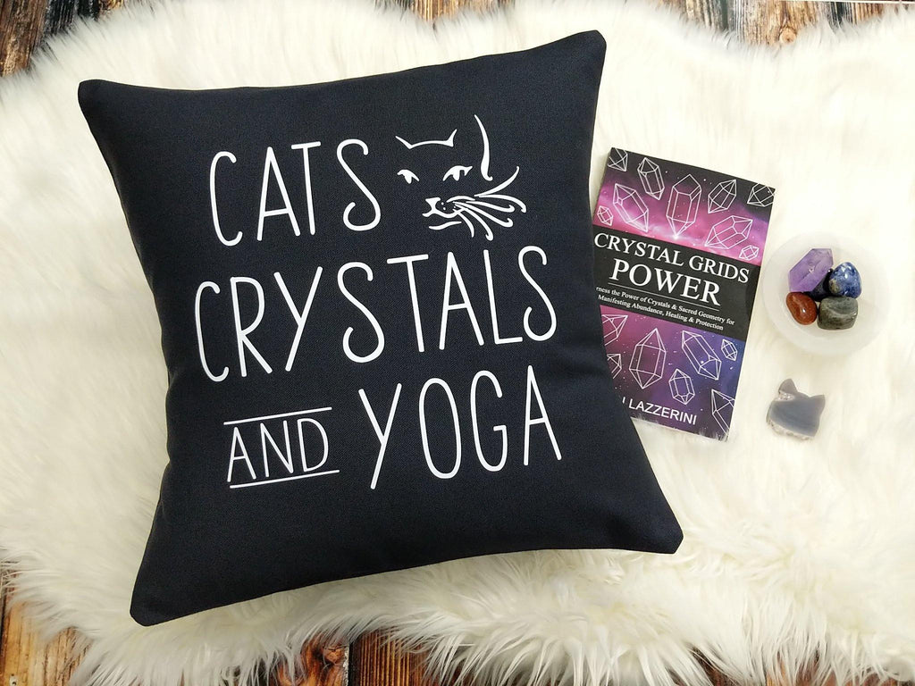 Cats Crystals Yoga Black Cotton Pillow 