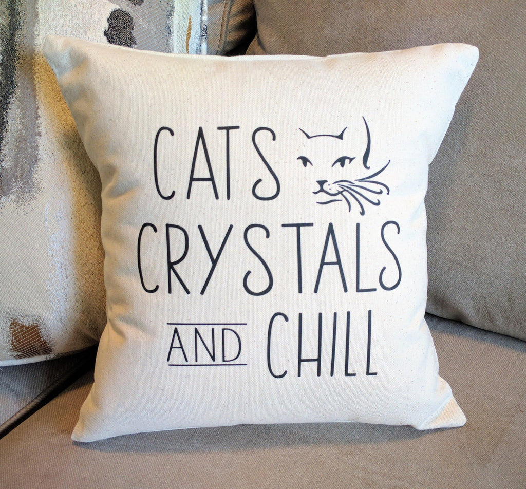 Cats Crystals and Chill Cotton Canvas Natural Pillow 