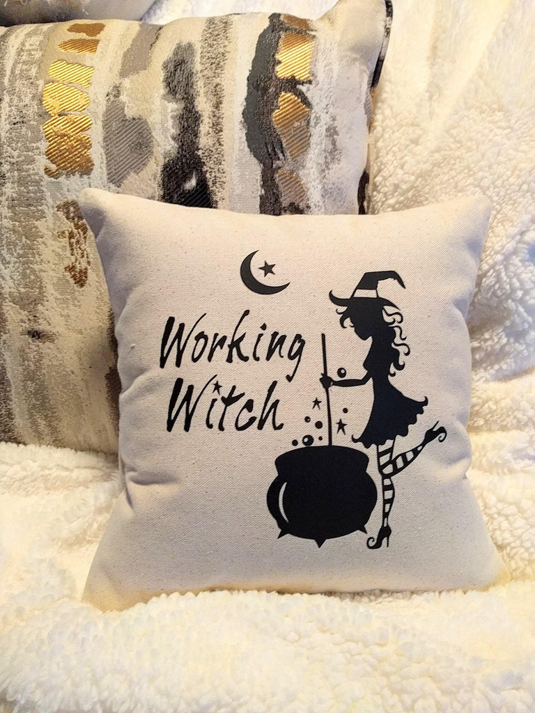 Working Witch Cotton Canvas Natural Pillow 