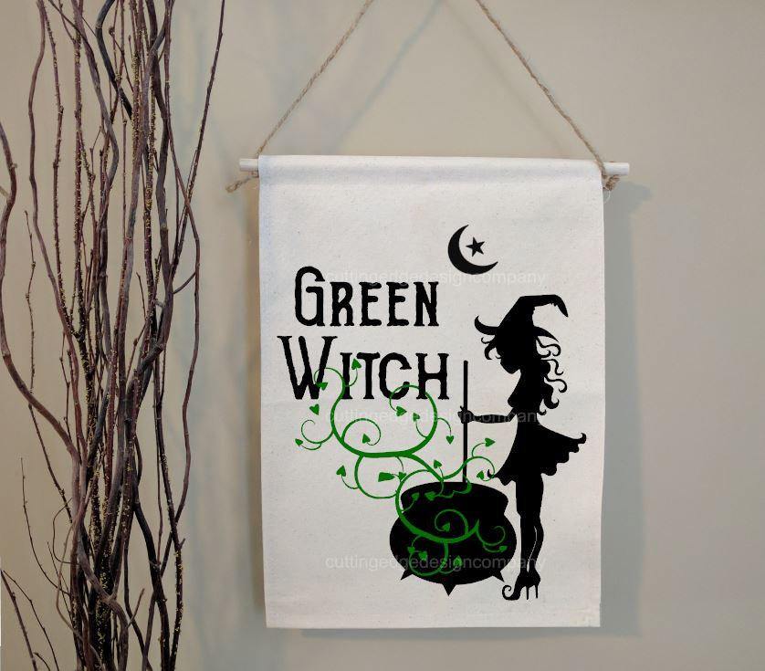 Green Witch Cotton Canvas Wall Banner 