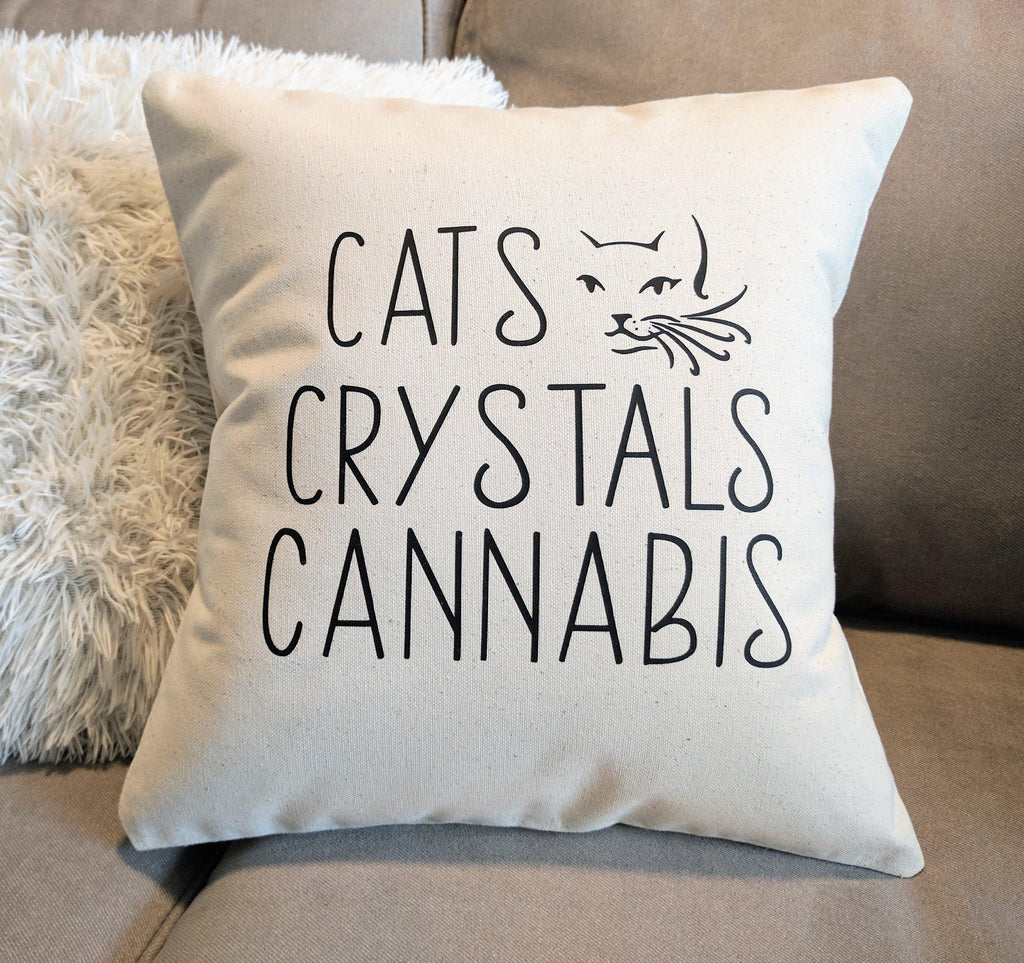 Cats Crystals Cannabis Cotton Canvas Natural Pillow 