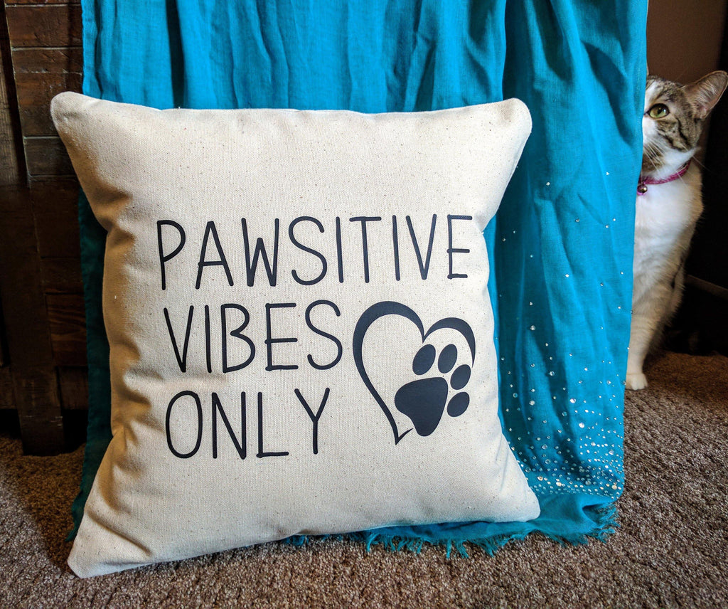 Pawsitive Vibes Only Heart Pet Paw Cotton Canvas Natural Pillow 
