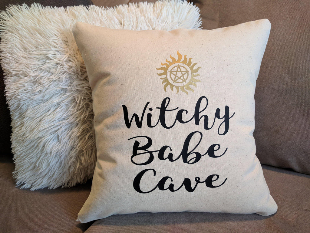 Witchy Babe Cave Cotton Canvas Natural Pillow 
