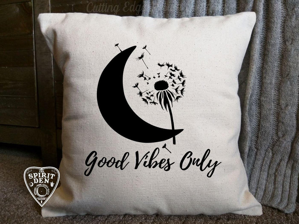 Good Vibes Only Moon Dandelion Cotton Canvas Natural Pillow 