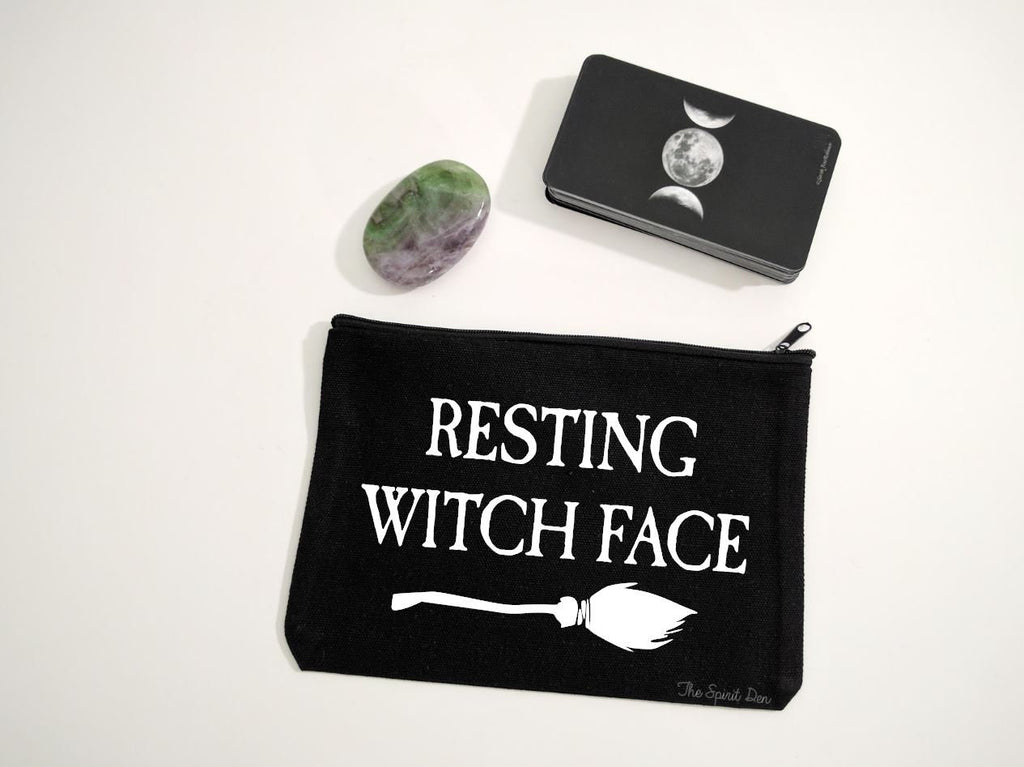 Resting Witch Face Broom Black Canvas Zipper Bag 