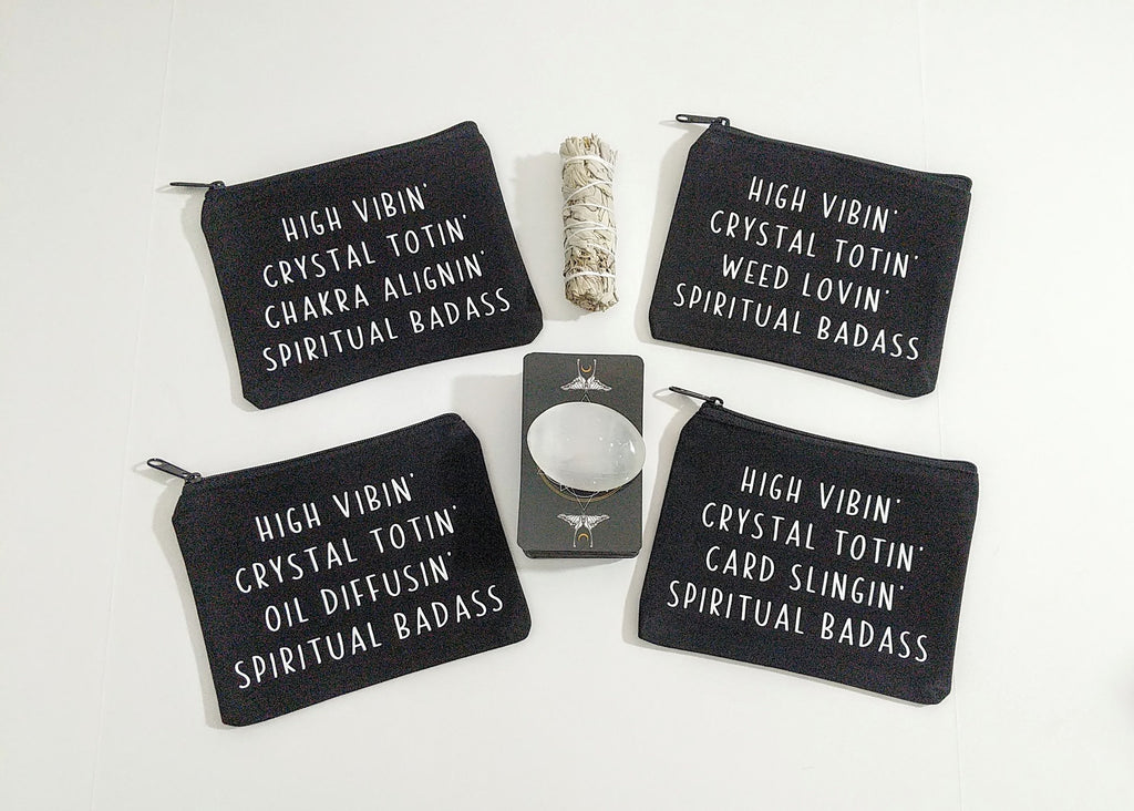 High Vibin Crystal Totin Weed Lovin Spiritual Badass Black Canvas Zipper Bag 