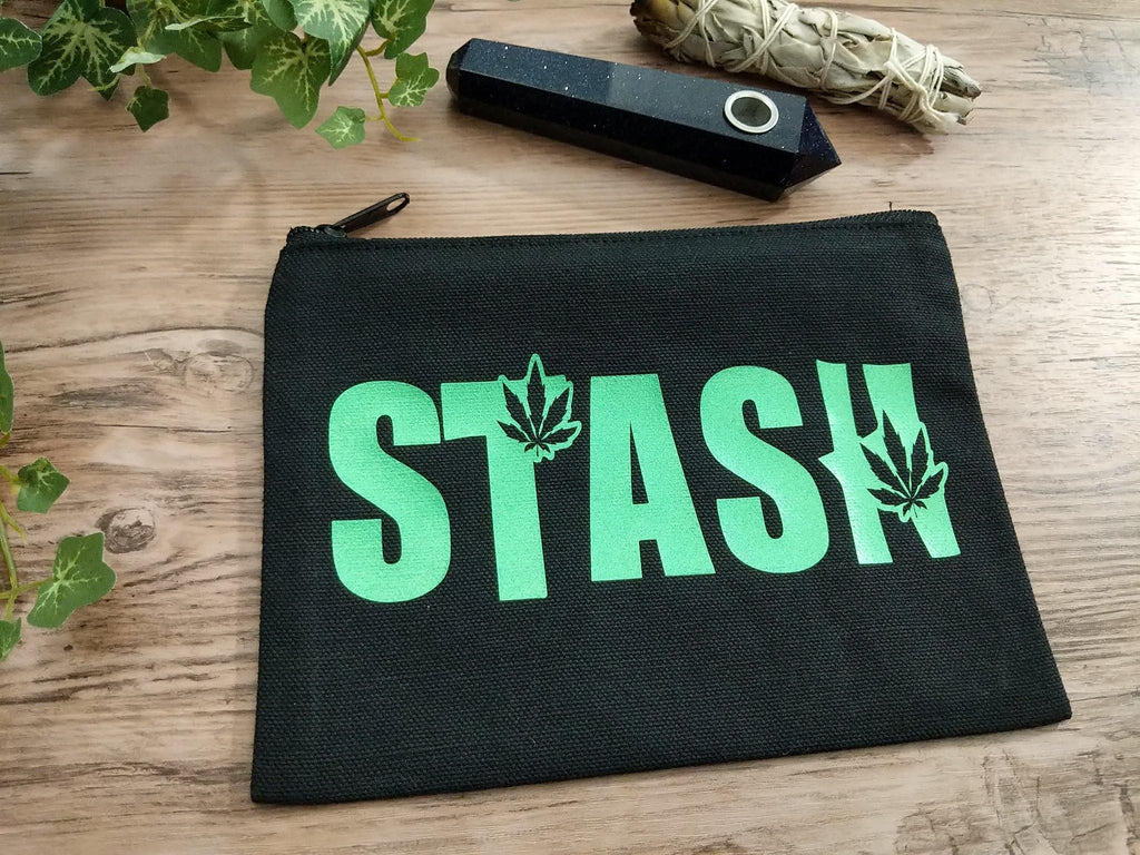 Green Stash Pot Leaf Black Zipper Bag 