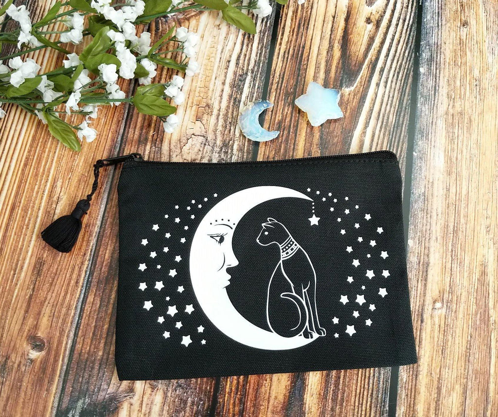 Cat On The Moon Black Canvas Zipper Bag 