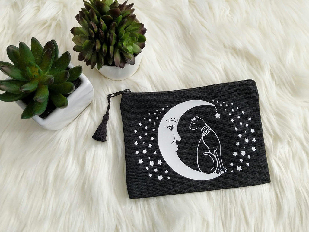 Cat On The Moon Black Canvas Zipper Bag 