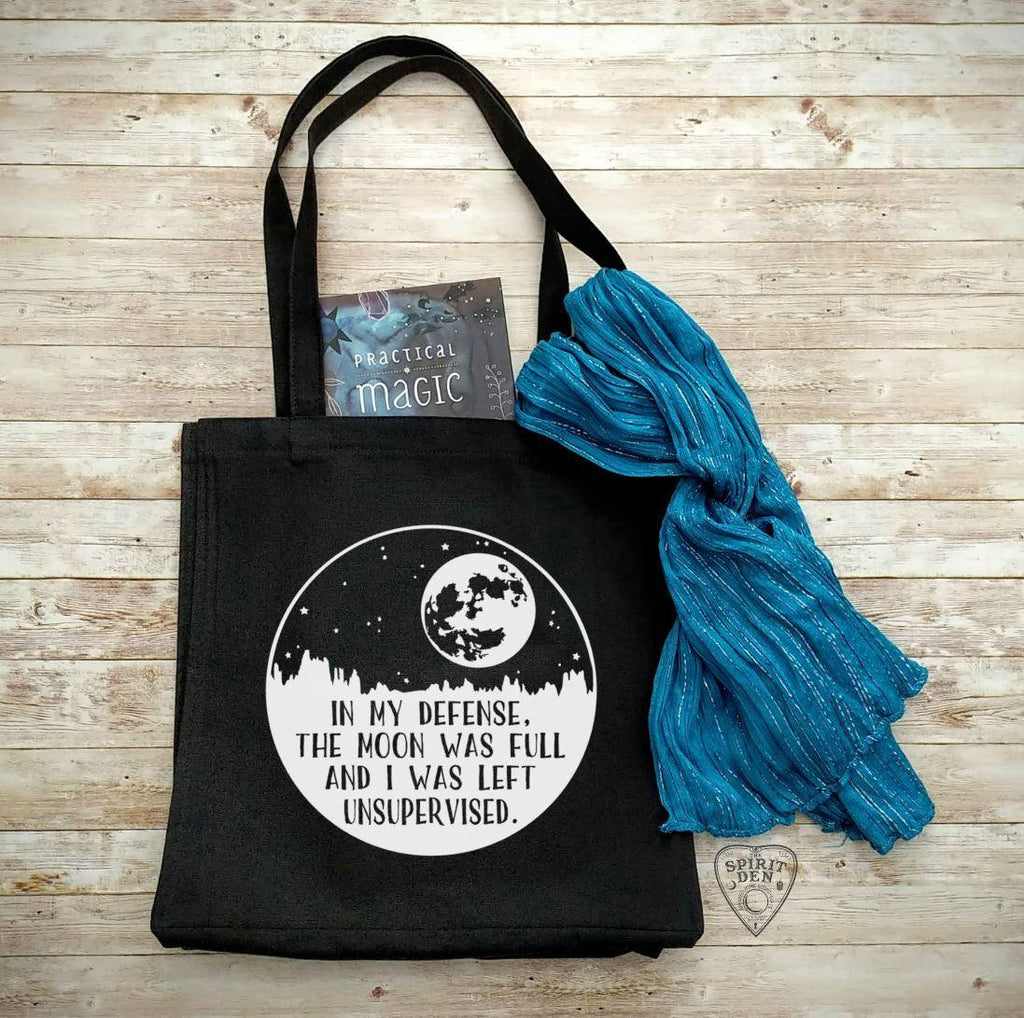 In My Defense The Moon Was Full And I Was Left Unsupervised Black Canvas Market Tote Bag - The Spirit Den