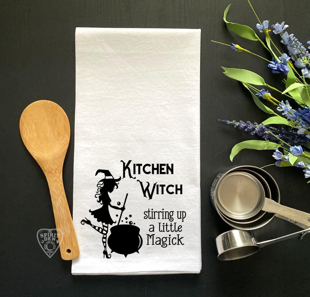 Kitchen Witch Stirring up a Little Magick Flour Sack Towel - The Spirit Den