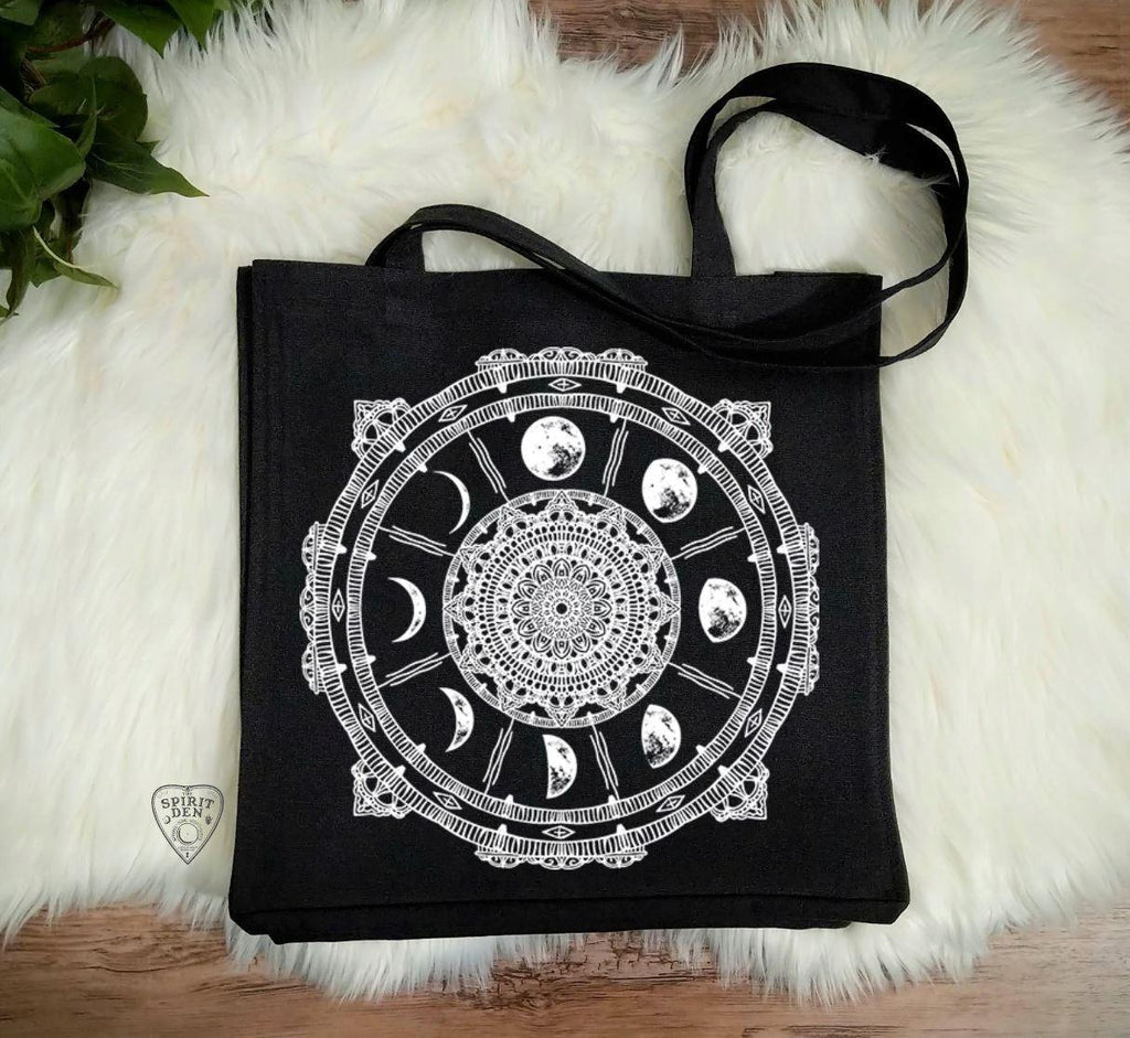 Moon Phase Compass Black Cotton Canvas Market Bag - The Spirit Den