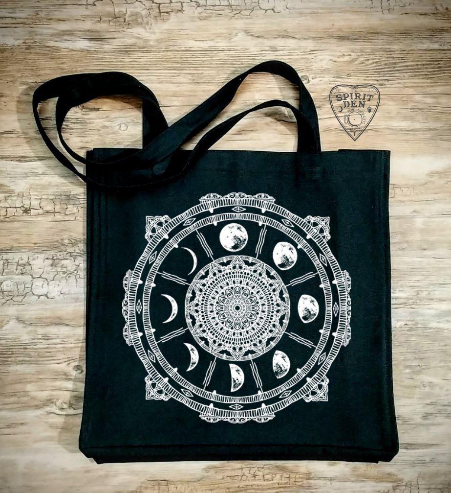 Moon Phase Compass Black Cotton Canvas Market Bag - The Spirit Den