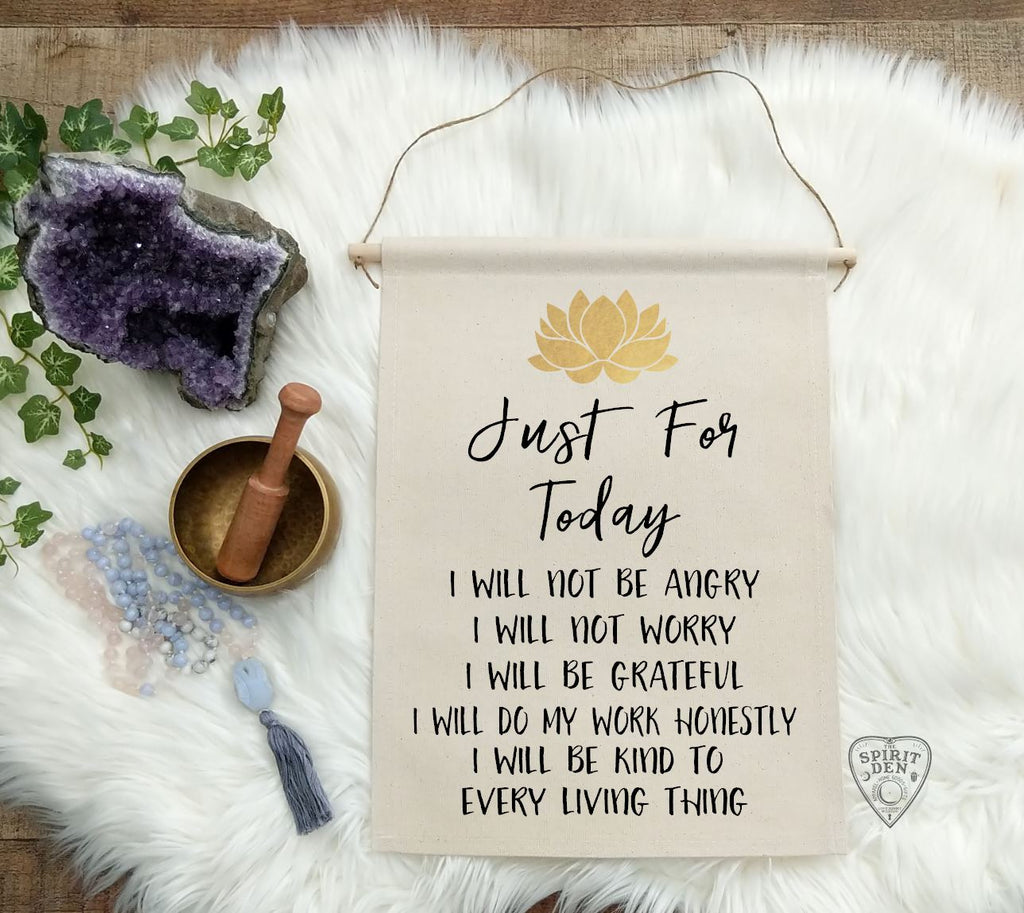Reiki Principles Just for Today Gold Lotus Cotton Canvas Wall Banner