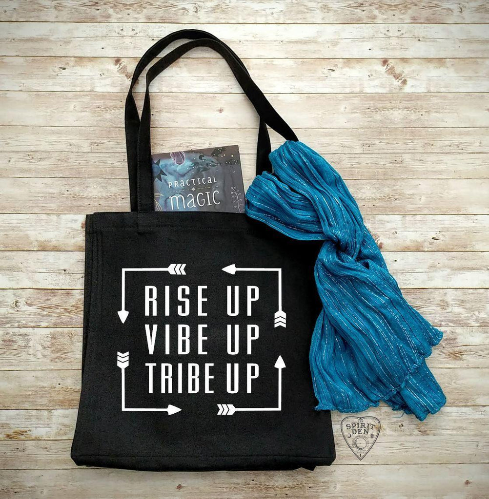 Rise Up Vibe Up Tribe Up Black Canvas Market Tote Bag - The Spirit Den