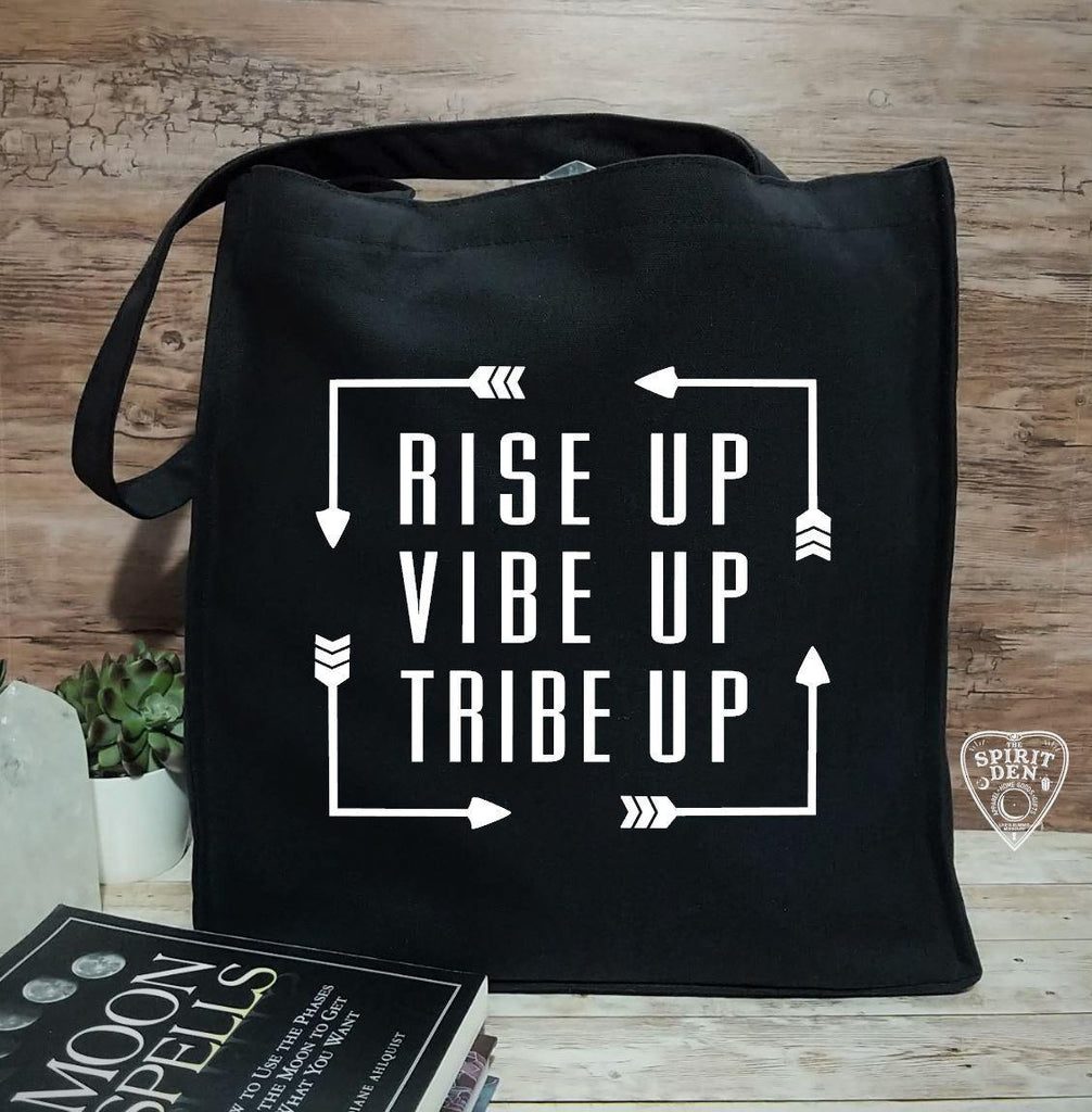 Rise Up Vibe Up Tribe Up Black Canvas Market Tote Bag - The Spirit Den
