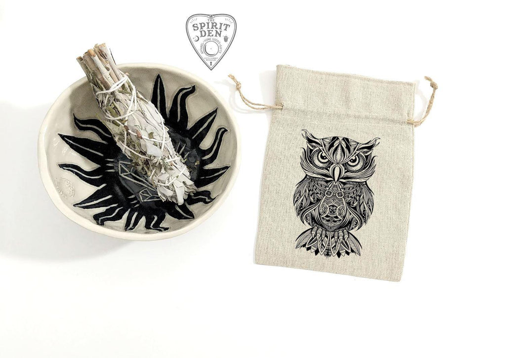 Sacred Owl Tarot Deck Bag | Crystal Pouch | Drawstring Cotton Linen Bag - The Spirit Den