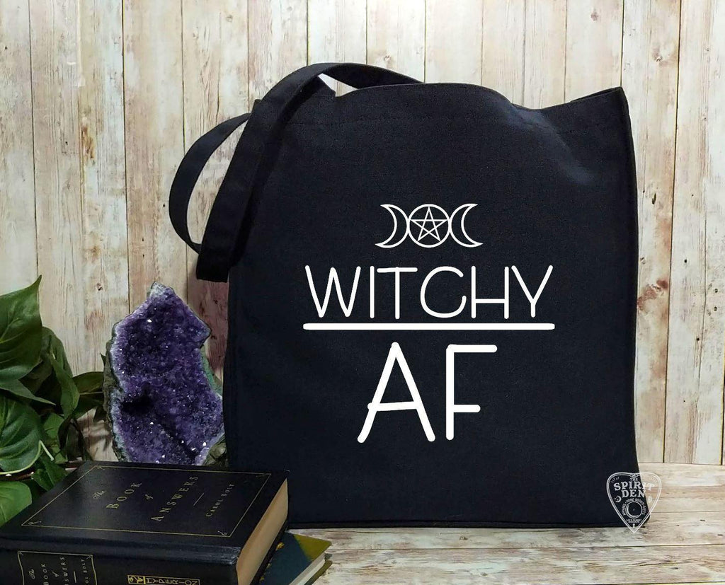 Witchy AF Black Cotton Canvas Market Tote Bag - The Spirit Den
