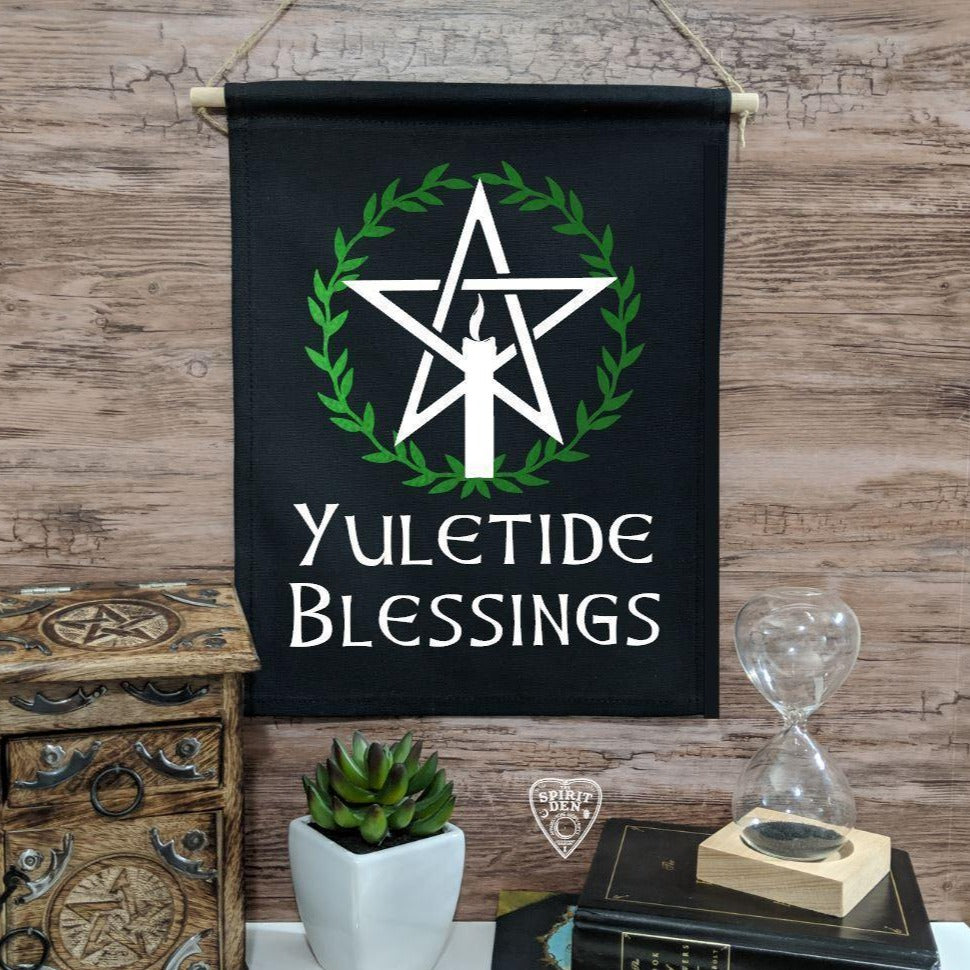 Yuletide Blessings Pentacle Black Canvas Banner - The Spirit Den